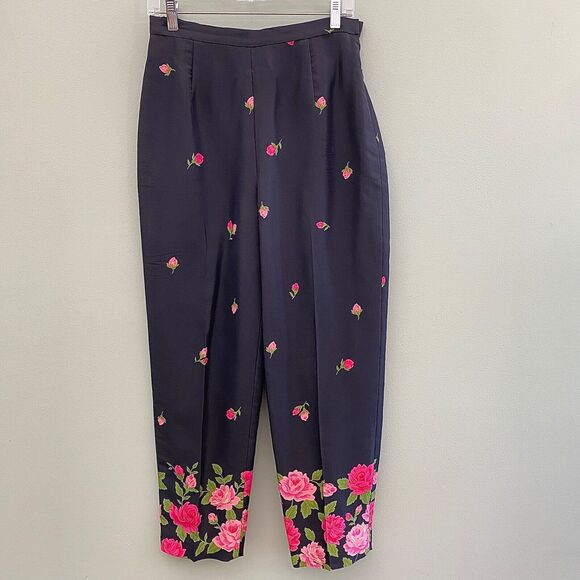 Talbots Silk Ankle Pants Floral Roses Lined Black Womens 8 Bloomcore - Picture 1 of 10